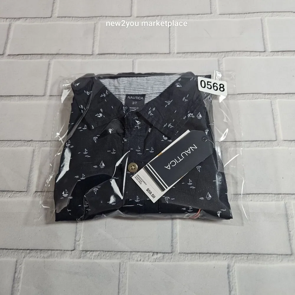 Nautica Toddler Boys SZ 3 T Short Sleeve Button Up printer wooven NWT